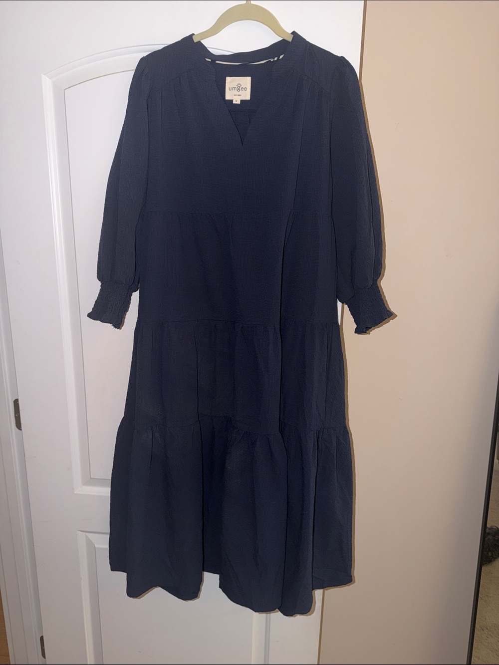 Umgee Navy Tiered Midi Dress with Smocked Cuffs